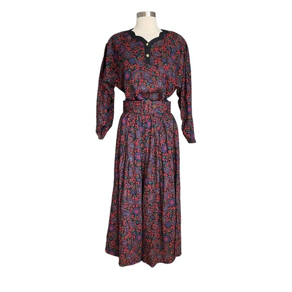 Vintage 1980s Diane Freis 3 Piece Set Blouse Gaucho Pants Belt Size P Floral - Picture 1 of 10